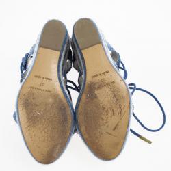 مملوكة مسبقًا Balenciaga Blue Leather Lace-Up Espadrille Wedges Size 37