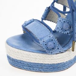 مملوكة مسبقًا Balenciaga Blue Leather Lace-Up Espadrille Wedges Size 37