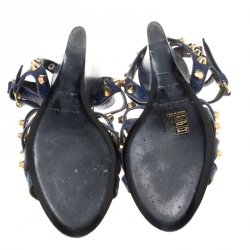 Balenciaga Blue Leather Arena Studded Gladiator Wedge Sandals Size 38
