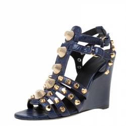 Balenciaga Blue Leather Arena Studded Gladiator Wedge Sandals Size 38