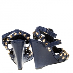 Balenciaga Blue Leather Arena Studded Gladiator Wedge Sandals Size 38