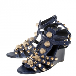 Balenciaga Blue Leather Arena Studded Gladiator Wedge Sandals Size 38
