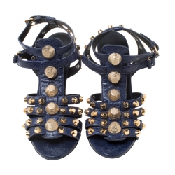 Balenciaga Blue Leather Arena Studded Gladiator Wedge Sandals Size 38
