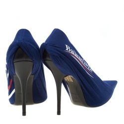 Pre Owned Balenciaga Blue Fabric And Leather Knife Logo Pointed Toe Pumps Size 40