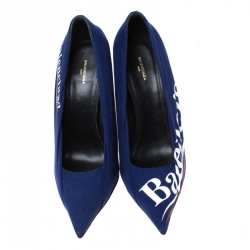 Pre Owned Balenciaga Blue Fabric And Leather Knife Logo Pointed Toe Pumps Size 40