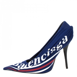 Pre Owned Balenciaga Blue Fabric And Leather Knife Logo Pointed Toe Pumps Size 40