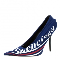 Pre Owned Balenciaga Blue Fabric And Leather Knife Logo Pointed Toe Pumps Size 40