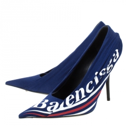 Pre Owned Balenciaga Blue Fabric And Leather Knife Logo Pointed Toe Pumps Size 40