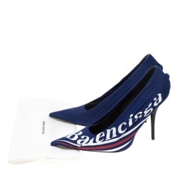 Pre Owned Balenciaga Blue Fabric And Leather Knife Logo Pointed Toe Pumps Size 40