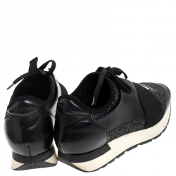 Pre Owned Balenciaga Black Glitter Fabric And Leather Race Runner Sneakers Size 36