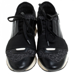 Pre Owned Balenciaga Black Glitter Fabric And Leather Race Runner Sneakers Size 36