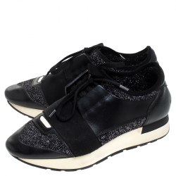 Pre Owned Balenciaga Black Glitter Fabric And Leather Race Runner Sneakers Size 36
