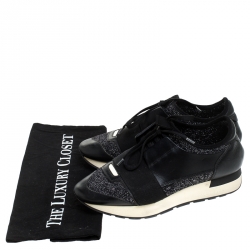 Pre Owned Balenciaga Black Glitter Fabric And Leather Race Runner Sneakers Size 36