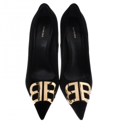 مملوكة مسبقًا Balenciaga Black Velvet BB Pointed Toe Pumps Size 38