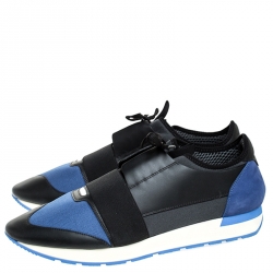 Pre Owned Balenciaga Blue/Black Stretch Fabric, Leather And Nubuck Race Runner Sneakers Size 47