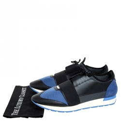 Pre Owned Balenciaga Blue/Black Stretch Fabric, Leather And Nubuck Race Runner Sneakers Size 47