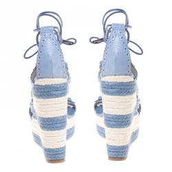 Balenciaga Blue Leather Brogue Lace Up Espadrille Platform Wedge Sandals Size 38