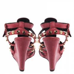 Pre Owned Balenciaga Red Leather Arena Studded Gladiator Wedge Sandals Size 38