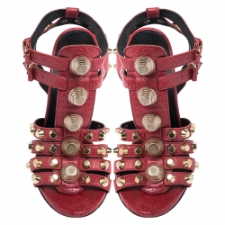 Pre Owned Balenciaga Red Leather Arena Studded Gladiator Wedge Sandals Size 38