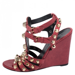 Pre Owned Balenciaga Red Leather Arena Studded Gladiator Wedge Sandals Size 38