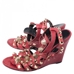 Pre Owned Balenciaga Red Leather Arena Studded Gladiator Wedge Sandals Size 38