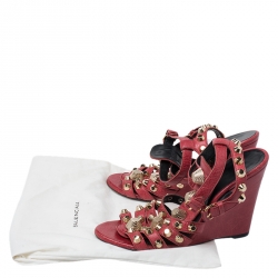 Pre Owned Balenciaga Red Leather Arena Studded Gladiator Wedge Sandals Size 38