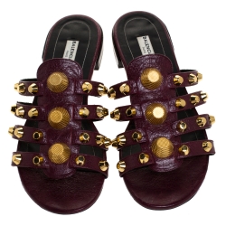 Pre Owned Balenciaga Burgundy Leather Arena Flat Slides Size 39