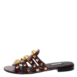 Pre Owned Balenciaga Burgundy Leather Arena Flat Slides Size 39