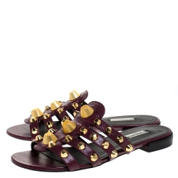 Pre Owned Balenciaga Burgundy Leather Arena Flat Slides Size 39