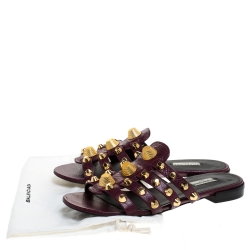 Pre Owned Balenciaga Burgundy Leather Arena Flat Slides Size 39