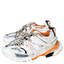 مملوكة مسبقًا حذاء تراك تراينرز بالنسياغا شبك وجلد برتقالي / أبيض مقاس 38