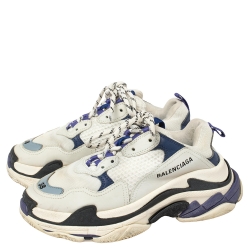 مملوكة مسبقًا Balenciaga White/Blue Leather and Mesh Triple S Clear Sole Sneakers Size EU 38