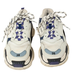 مملوكة مسبقًا Balenciaga White/Blue Leather and Mesh Triple S Clear Sole Sneakers Size EU 38