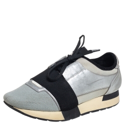 Grey/silver Leather And Knit Fabric Race Runner Sneakers