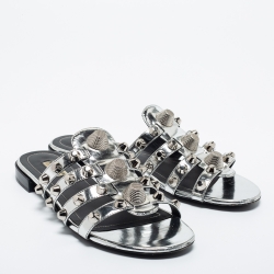 Pre Owned Balenciaga Silver Patent Leather Arena Giant Slide Flat Sandals Size 39