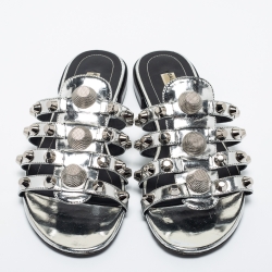 Pre Owned Balenciaga Silver Patent Leather Arena Giant Slide Flat Sandals Size 39
