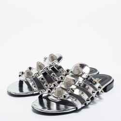 Pre Owned Balenciaga Silver Patent Leather Arena Giant Slide Flat Sandals Size 39