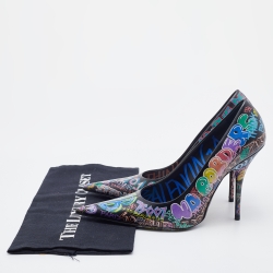 Pre Owned Balenciaga Black Leather Graffiti Print BB Pointed Toe Pumps Size 38
