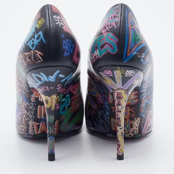 Pre Owned Balenciaga Black Leather Graffiti Print BB Pointed Toe Pumps Size 38
