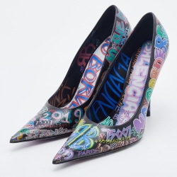 Pre Owned Balenciaga Black Leather Graffiti Print BB Pointed Toe Pumps Size 38