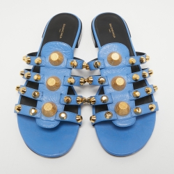 Pre Owned Balenciaga Blue Leather Arena Flat Slides Size 41