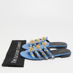 Pre Owned Balenciaga Blue Leather Arena Flat Slides Size 41