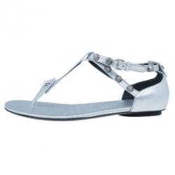 مملوكة مسبقًا Balenciaga Silver Leather Classic Arena Thong Sandal Size 38