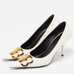 Pre Owned Balenciaga White Patent Leather BB Pointed Pumps Size 37