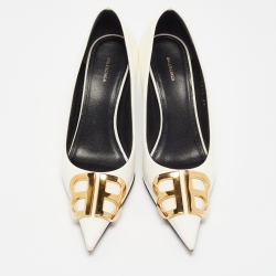 Pre Owned Balenciaga White Patent Leather BB Pointed Pumps Size 37