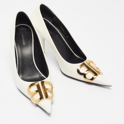 Pre Owned Balenciaga White Patent Leather BB Pointed Pumps Size 37