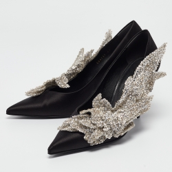 Pre Owned Balenciaga Black Satin Sequins Embellished Talon Slash Pumps Size 41
