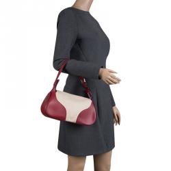 Pre Owned Bally Burgundy and Off-White Leather and Canvas Shoulder Bag
