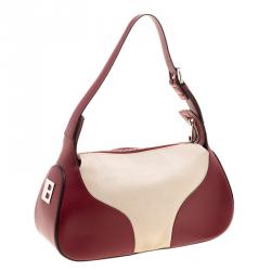 Pre Owned Bally Burgundy and Off-White Leather and Canvas Shoulder Bag