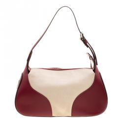 Pre Owned Bally Burgundy and Off-White Leather and Canvas Shoulder Bag